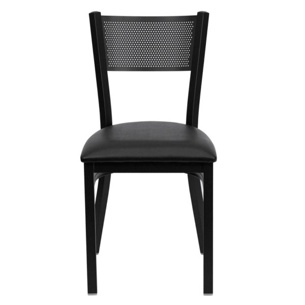 Nice HERCULES Series Grid Back Metal Restaurant Chair - Vinyl Seat Black Vinyl Upholstered Seat restaurant seating near  Winter Springs