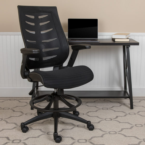 Buy Contemporary Drafting Stool with Height Adjustable Flip-Up Arms Black Mesh Drafting Chair near  Altamonte Springs at Capital Office Furniture