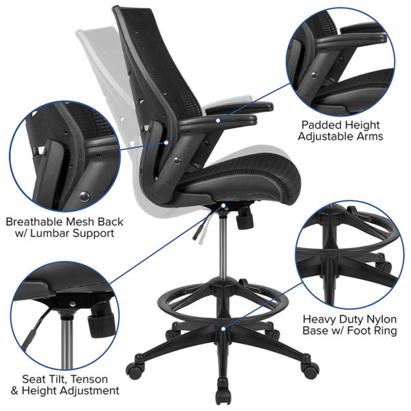 Nice High Back Mesh Spine-Back Ergonomic Drafting Chair w/ Adjustable Foot Ring & Adjustable Flip-Up Arms Tilt Lock Mechanism rocks/tilts the chair and locks in an upright position office chairs near  Clermont at Capital Office Furniture