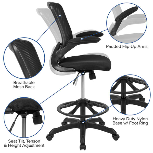 Nice Mid-Back Mesh Ergonomic Drafting Chair w/ Adjustable Foot Ring & Flip-Up Arms Tilt Lock Mechanism rocks/tilts the chair and locks in an upright position office chairs near  Bay Lake at Capital Office Furniture