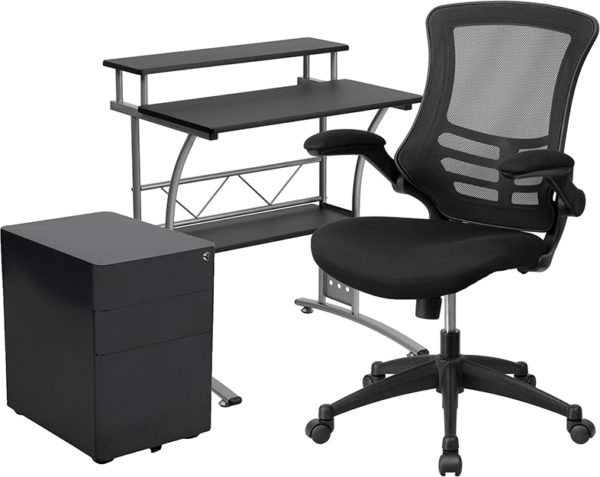 Office Chair and Locking File Cabinet Black Desk