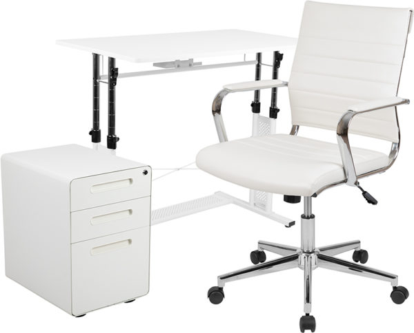 Office Chair and Locking File Cabinet White Desk