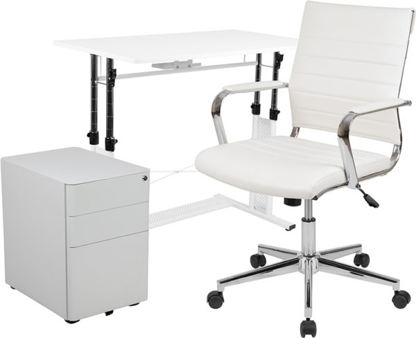 Office Chair and Locking File Cabinet White Desk