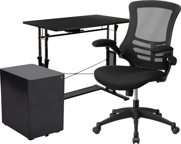 Office Chair and Locking File Cabinet Black Desk
