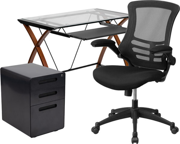 Office Chair and Locking File Cabinet Glass Desk