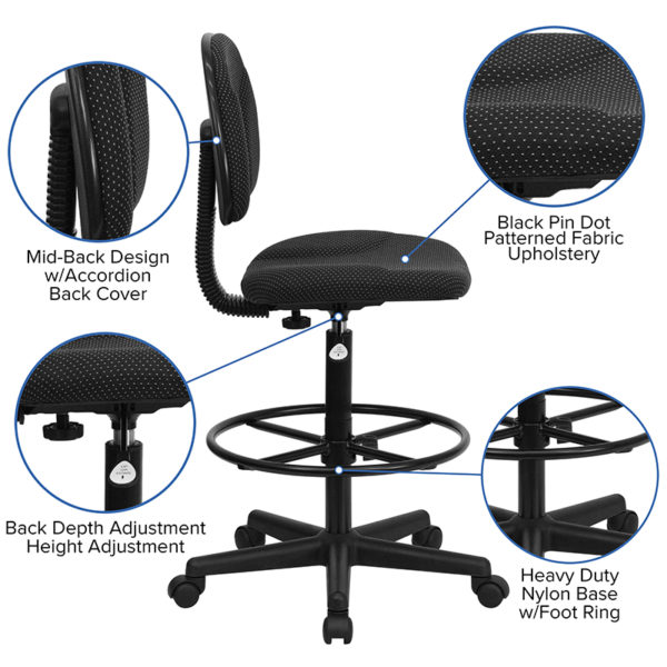 Nice Patterned Fabric Drafting Chair (Cylinders: 22.5in-27inH or 26in-30.5inH) Back Depth Adjustment Knob accommodates your upper leg length office chairs near  Daytona Beach at Capital Office Furniture