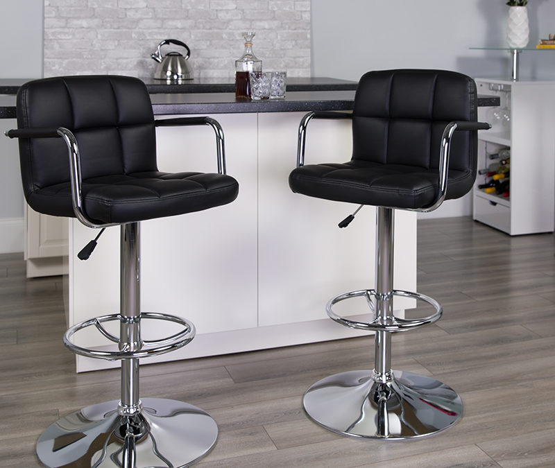 Contemporary Quilted Vinyl Adjustable Height Barstool w/ Arms & Chrome Base – Orlando