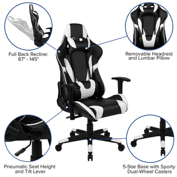 Nice X20 Gaming Chair Racing Office Ergonomic Computer PC Adjustable Swivel Chair w/ Fully Reclining Back in LeatherSoft Reclining Back Lever adjusts 87° ~ 145° office chairs near  Altamonte Springs at Capital Office Furniture