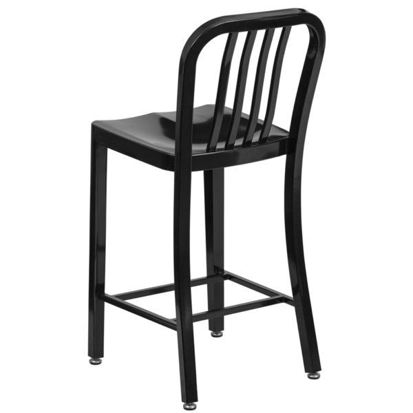 Nice Commercial Grade 24in High Metal Indoor-Outdoor Counter Height Stool w/ Vertical Slat Back Ergonomic Contoured Seat restaurant seating near  Ocoee at Capital Office Furniture