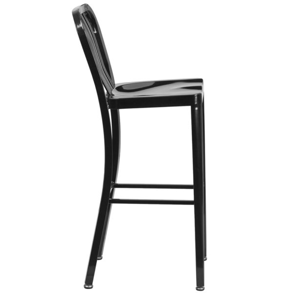 Nice Commercial Grade 30in High Metal Indoor-Outdoor Barstool w/ Vertical Slat Back Ergonomic Contoured Seat restaurant seating near  Bay Lake at Capital Office Furniture
