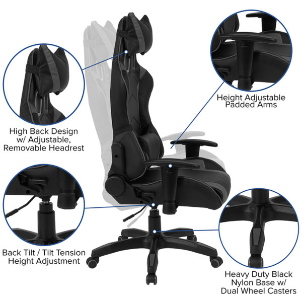 Nice Bravo Reclining Gaming Chair Racing Office Ergonomic PC Adjustable Swivel Chair w/ Adjustable Lumbar Support