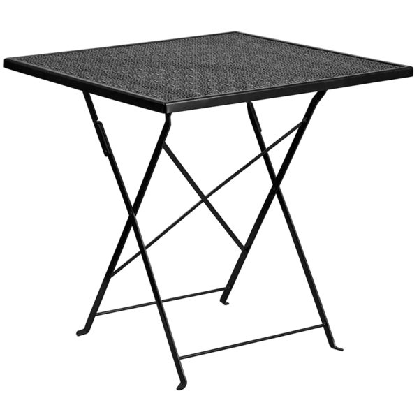Nice Commercial Grade 28in Square Indoor-Outdoor Steel Folding Patio Table Set w/ 2 Square Back Chairs Designed for Indoor and Outdoor Use patio table and chair sets near  Winter Garden at Capital Office Furniture