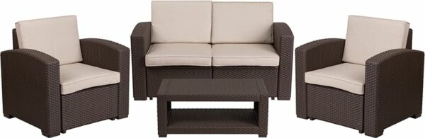 Shop for 4 PC Brown Outdoor Rattan Setw/ All-Weather Beige Removable Cushion Covers near  Bay Lake at Capital Office Furniture