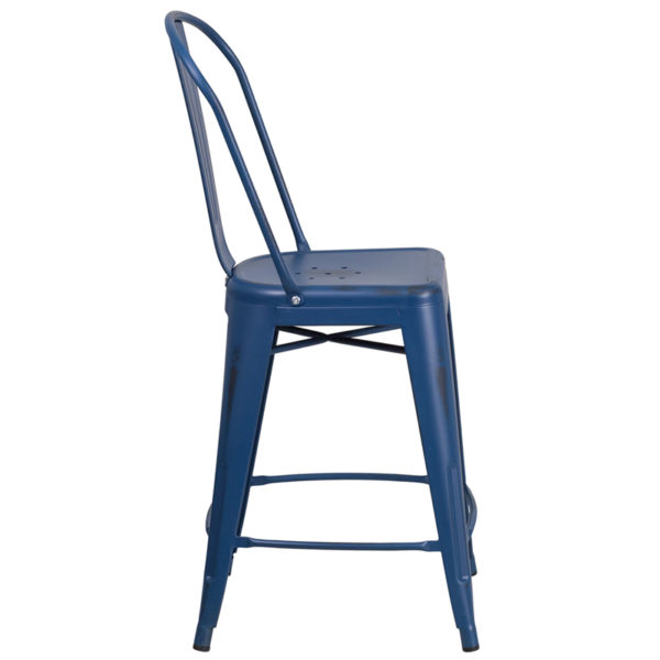 Nice Commercial Grade 24in High Distressed Antique Metal Indoor-Outdoor Counter Height Stool w/ Back Seat Drain Holes assist in drying restaurant seating near  Clermont at Capital Office Furniture