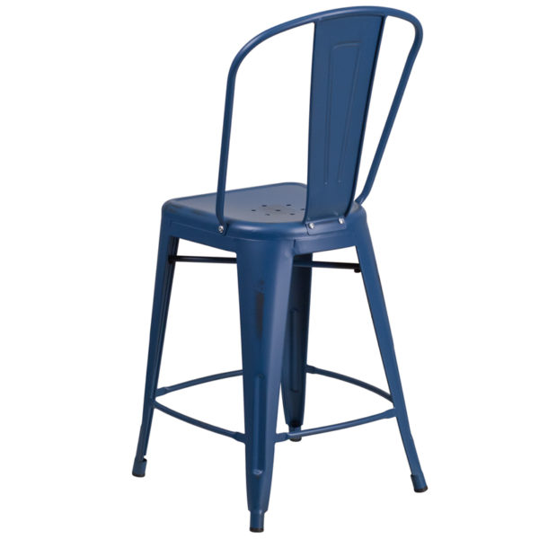 Shop for Distressed Blue Metal Stoolw/ Curved Back with Vertical Slat near  Daytona Beach at Capital Office Furniture