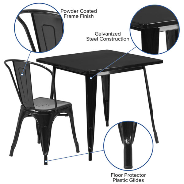 Nice Commercial Grade 31.5in Square Metal Indoor-Outdoor Table Set w/ 4 Stack Chairs Ergonomically curved slat back restaurant table and chair sets near  Apopka at Capital Office Furniture
