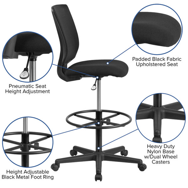 Nice Ergonomic Mid-Back Mesh Drafting Chair with Fabric Seat and Adjustable Foot Ring Built-In Lumbar Support office chairs near  Bay Lake at Capital Office Furniture