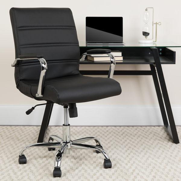 Buy Contemporary Executive Office Chair with Padded Chrome Arms Black Mid-Back Leather Chair near  Sanford at Capital Office Furniture