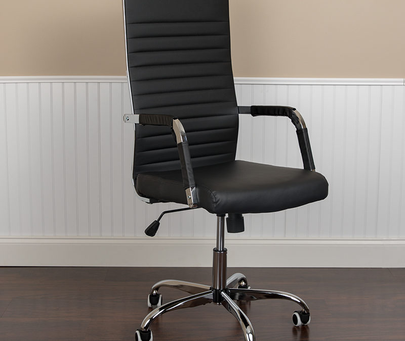High Back LeatherSoft Mid-Century Modern Ribbed Swivel Office Chair with Spring-Tilt Control and Arm Wraps