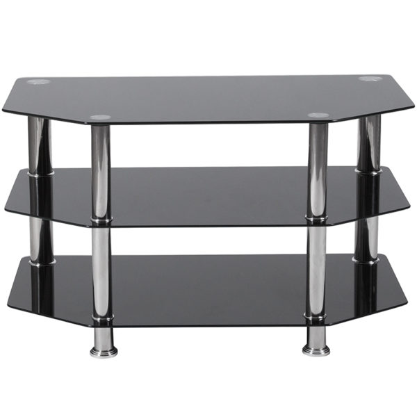 Nice Glass TV Stand with Stainless Metal Frame Hexagon Shelves with Beveled Edges living room furniture near  Lake Buena Vista at Capital Office Furniture