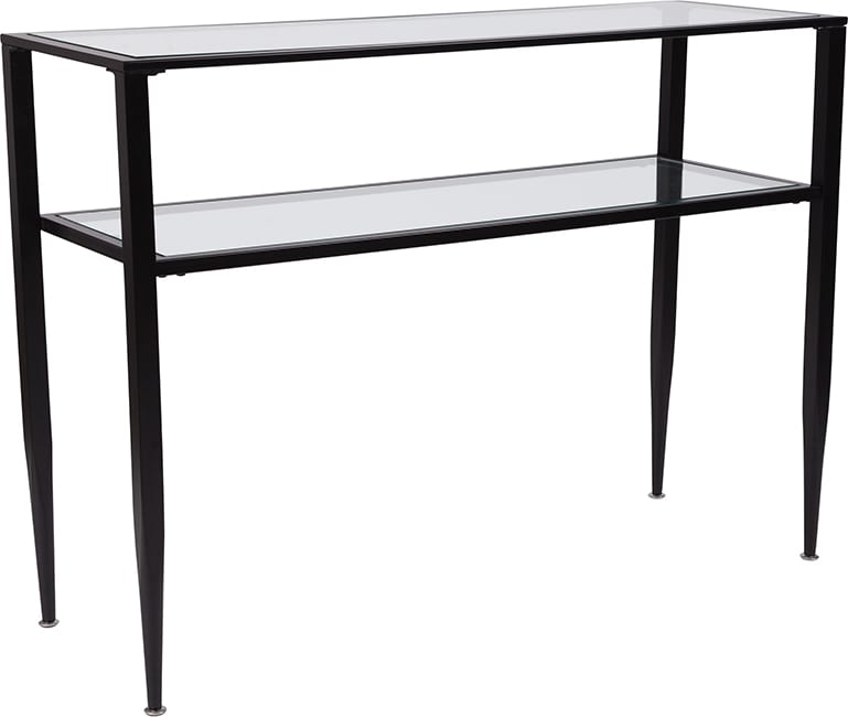 Newport Collection Glass Console Table with Shelves and Metal Frame – Orlando