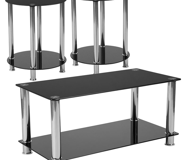 Riverside Collection 3 Piece and End Table Set with Glass Tops and Stainless Frames – Orlando