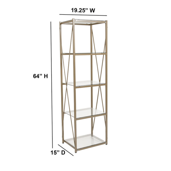 Nice Mar Vista Collection 4 Shelf 64"H Cross Brace Glass Bookcase in Matte Gold 8mm Thick Glass home office furniture near  Lake Mary at Capital Office Furniture