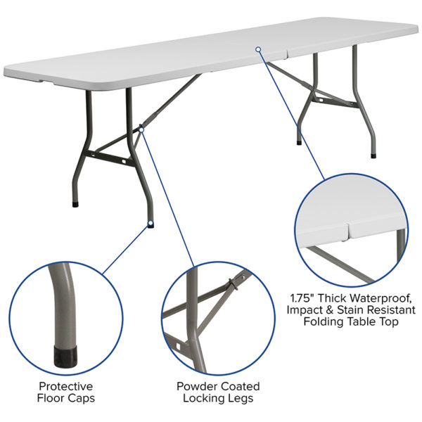 Nice 8' Bi-Fold Granite Plastic Event/Training Folding Table Set w/ 10 Folding Chairs 1.75" Thick Granite White Table Top is waterproof
