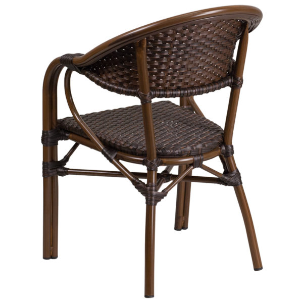 Nice Milano Series Rattan Restaurant Patio Chair w/ Bamboo-Aluminum Frame Dark Brown Rattan Back and Seat patio chairs near  Casselberry at Capital Office Furniture