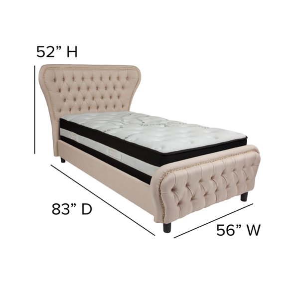 Nice Cartelana Tufted UpholsteTwin Size Platform Bed in Fabric & Accent Nail Trim w/ Pocket Spring Mattress Beige Fabric Upholstery bedroom furniture near  Lake Buena Vista at Capital Office Furniture