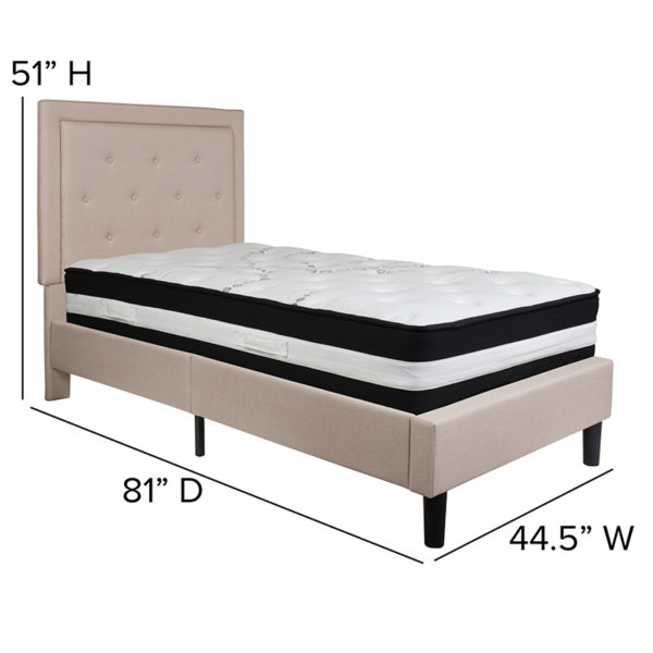 Nice Roxbury Twin Size Tufted UpholstePlatform Bed in Fabric w/ Pocket Spring Mattress Beige Fabric Upholstery bedroom furniture near  Sanford at Capital Office Furniture