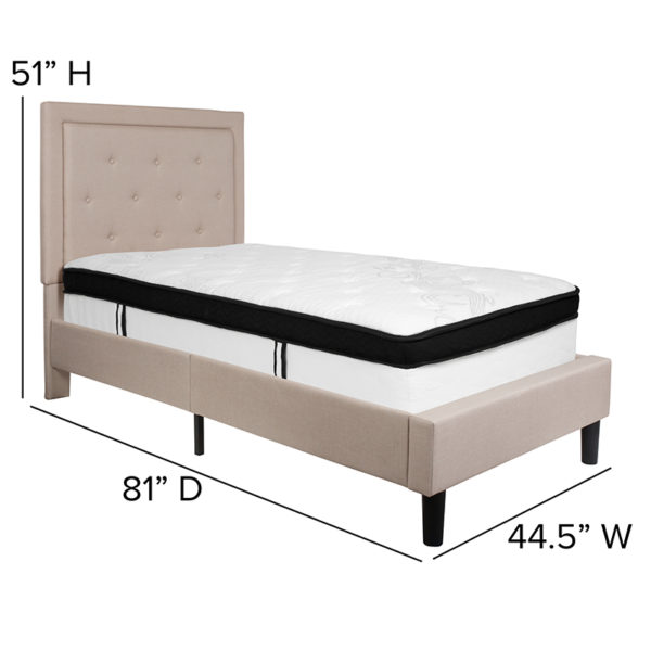 Nice Roxbury Twin Size Tufted UpholstePlatform Bed in Fabric w/ Memory Foam Mattress Beige Fabric Upholstery bedroom furniture near  Clermont at Capital Office Furniture