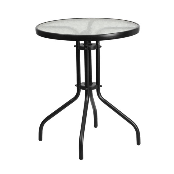 Nice 23.75" Round Glass Metal Table w/ 2 Rattan Stack Chairs Designed for Commercial and Residential Use patio table and chair sets in  Orlando at Capital Office Furniture