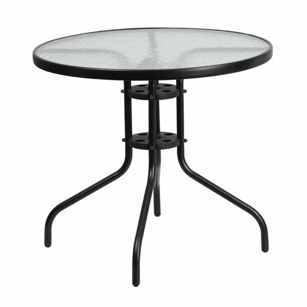 Nice 31.5" Round Glass Metal Table w/ 4 Metal Aluminum Slat Stack Chairs Designed for Commercial and Residential Use patio table and chair sets in  Orlando at Capital Office Furniture