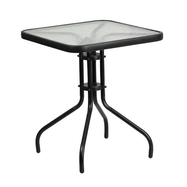 Nice 23.5" Square Glass Metal Table w/ 2 Metal Aluminum Slat Stack Chairs Designed for Commercial and Residential Use patio table and chair sets near  Leesburg at Capital Office Furniture