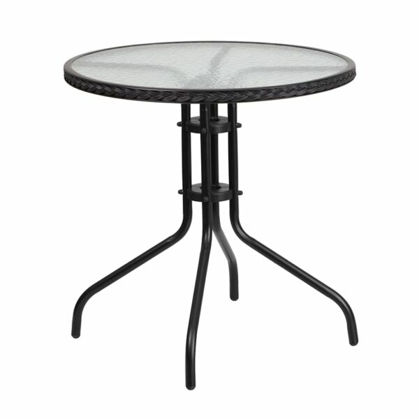 Nice 28" Round Glass Metal Table w/ Rattan Edging & 4 Rattan Stack Chairs Designed for Commercial and Residential Use patio table and chair sets near  Leesburg at Capital Office Furniture