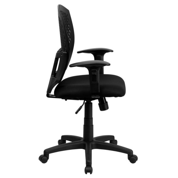 Nice Mid-Back Designer Back Swivel Task Office Chair w/ Fabric Seat & Adjustable Arms Locking Back Angle Adjustment helps reduce disc pressure by changing the angle of your torso office chairs in  Orlando at Capital Office Furniture