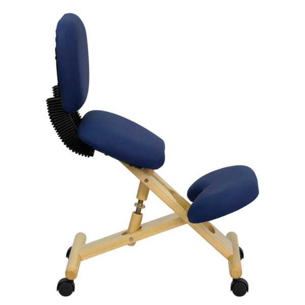 Nice Mobile Wooden Ergonomic Kneeling Posture Office Chair w/ Reclining Back in Fabric Padded Seat