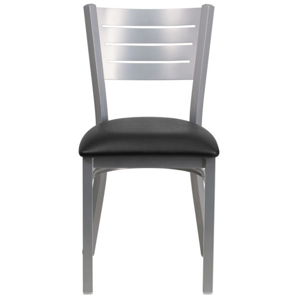 Nice HERCULES Series Slat Back Metal Restaurant Chair - Vinyl Seat Black Vinyl Upholstered Seat restaurant seating near  Oviedo