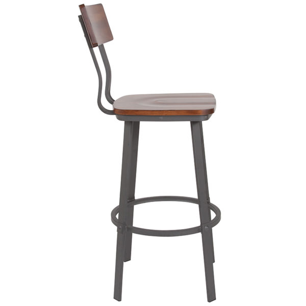 Nice Flint Series Restaurant Barstool with Wood Seat & Back and Powder Coat Frame 1" Thick Rustic Walnut Beechwood Seat restaurant seating near  Kissimmee