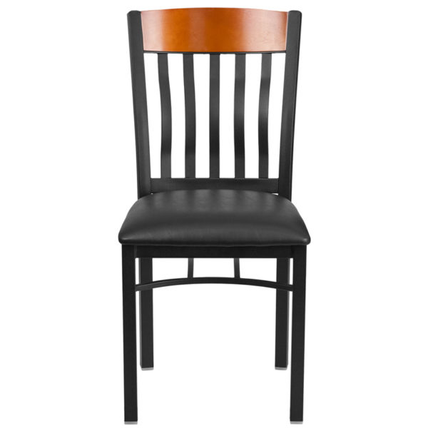 Nice Eclipse Series Vertical Back Metal and Wood Restaurant Chair with Vinyl Seat Black Vinyl Upholstered Seat restaurant seating near  Saint Cloud