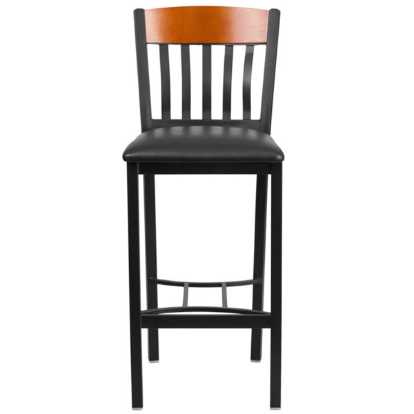 Nice Eclipse Series Vertical Back Metal and Wood Restaurant Barstool with Vinyl Seat Black Vinyl Upholstered Seat restaurant seating near  Kissimmee