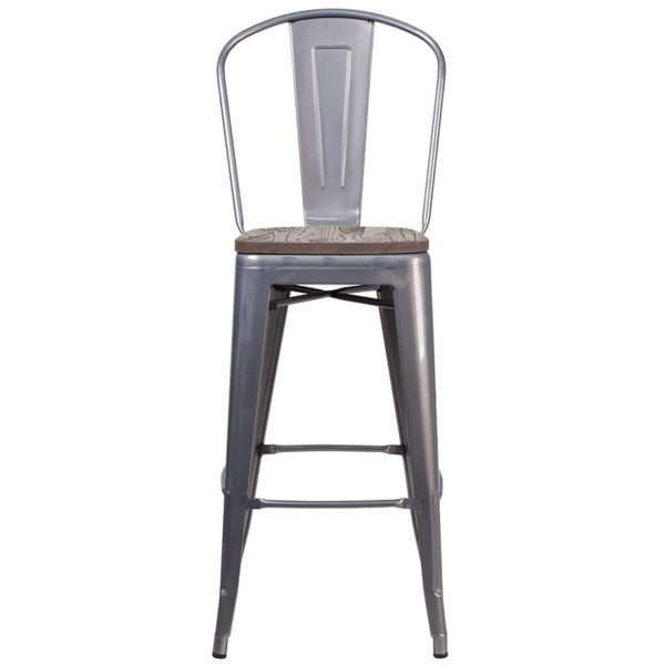Nice 30" High Barstool with Back and Wood Seat Textured Walnut Elm Wood Seat restaurant seating near  Casselberry