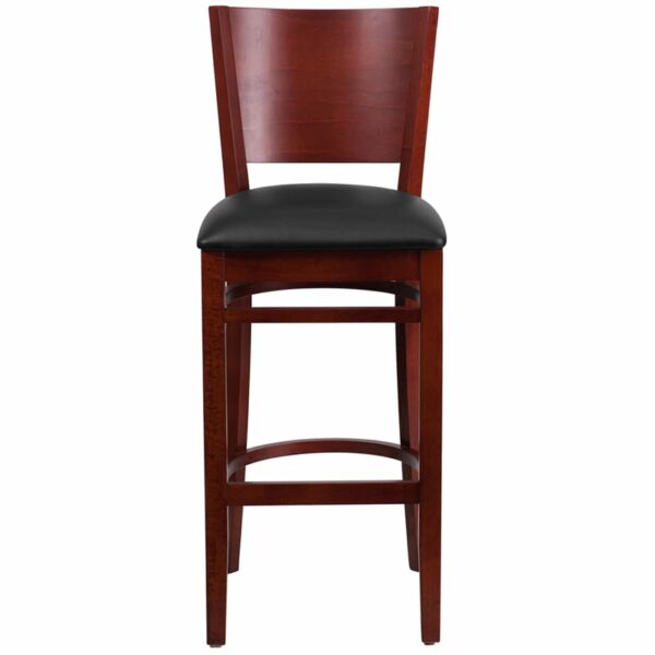 Nice Lacey Series Solid Back Wood Restaurant Barstool - Vinyl Seat Black Vinyl Upholstered Seat restaurant seating near  Clermont