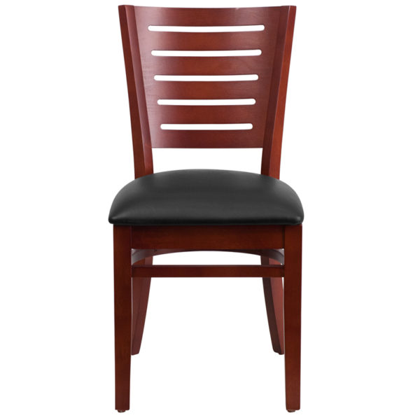 Nice Darby Series Slat Back Wood Restaurant Chair - Vinyl Seat Black Vinyl Upholstered Seat restaurant seating in  Orlando