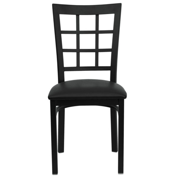 Nice HERCULES Series Window Back Metal Restaurant Chair - Vinyl Seat Black Vinyl Upholstered Seat restaurant seating in  Orlando