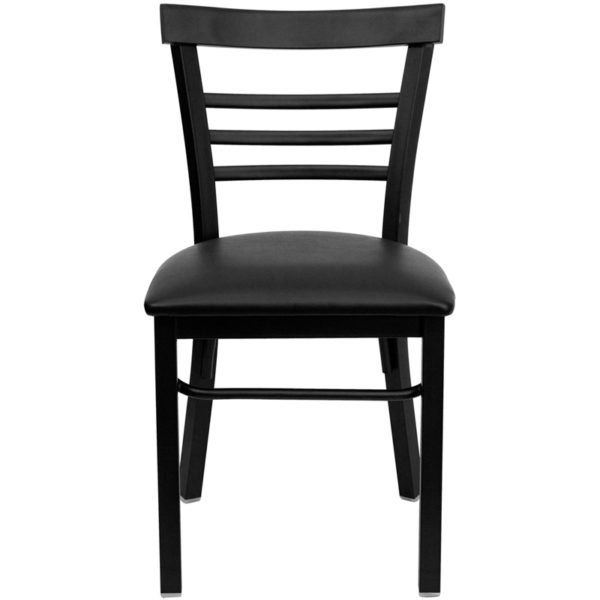 Nice HERCULES Series Three-Slat Ladder Back Metal Restaurant Chair - Vinyl Seat Black Vinyl Upholstered Seat restaurant seating in  Orlando
