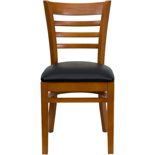 Nice HERCULES Series Ladder Back Wood Restaurant Chair - Vinyl Seat Black Vinyl Upholstered Seat restaurant seating in  Orlando