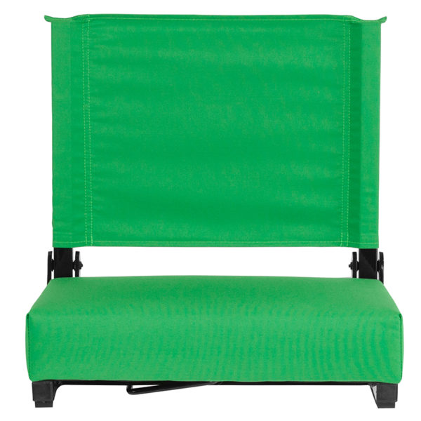 New outdoor recreational folding chairs in green w/ Bleacher Hook and Rubber Bottom Grips stabilize chair on benches at Capital Office Furniture near  Apopka at Capital Office Furniture