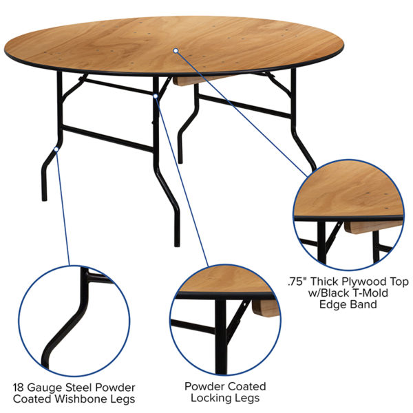 Nice 5-Foot Round Wood Folding Banquet Table w/ Clear Coated Finished Top 930 lb. Static Load Capacity folding tables near  Apopka at Capital Office Furniture